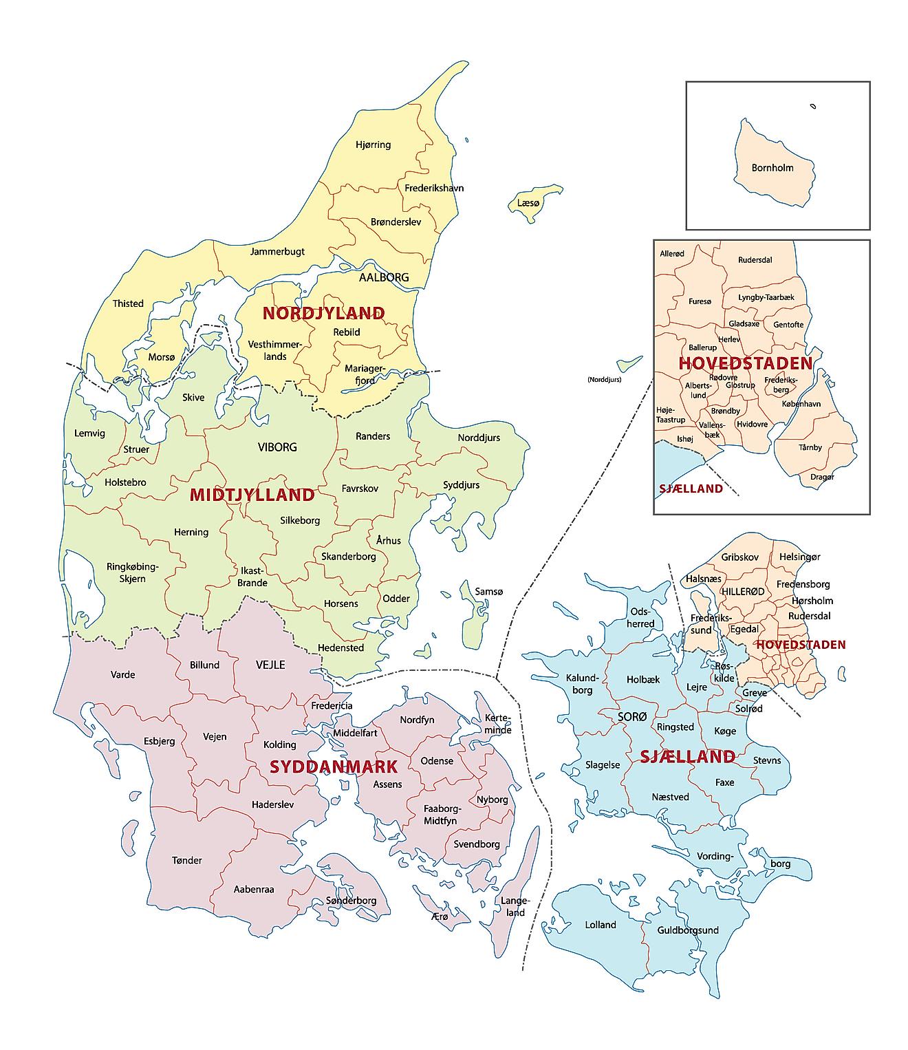 Map of Denmark regions: political and state map of Denmark